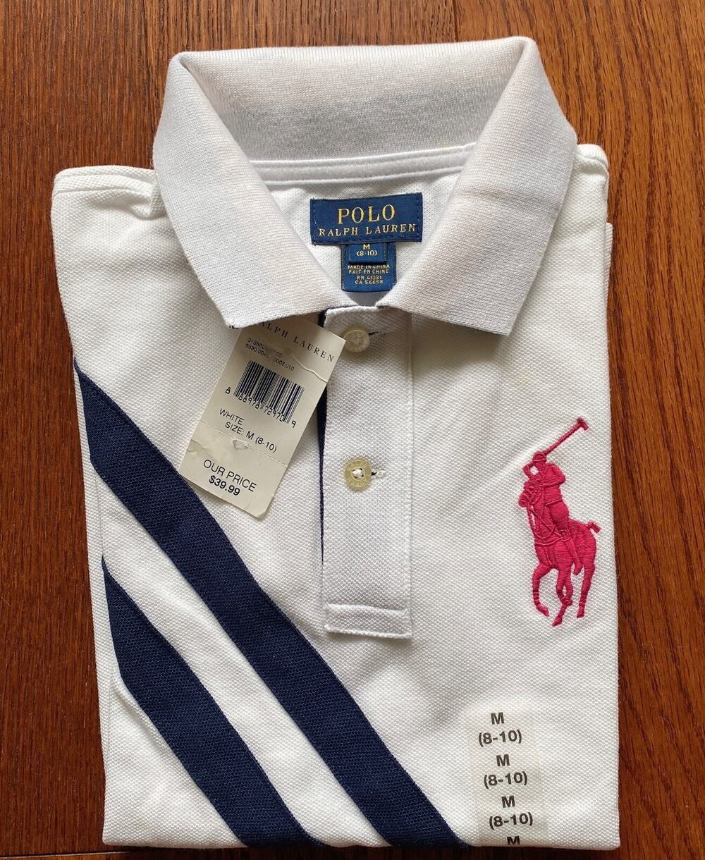 NWT POLO Ralph Lauren Classic Boy's Polo Shirt White Blue Striped Size M/8-10